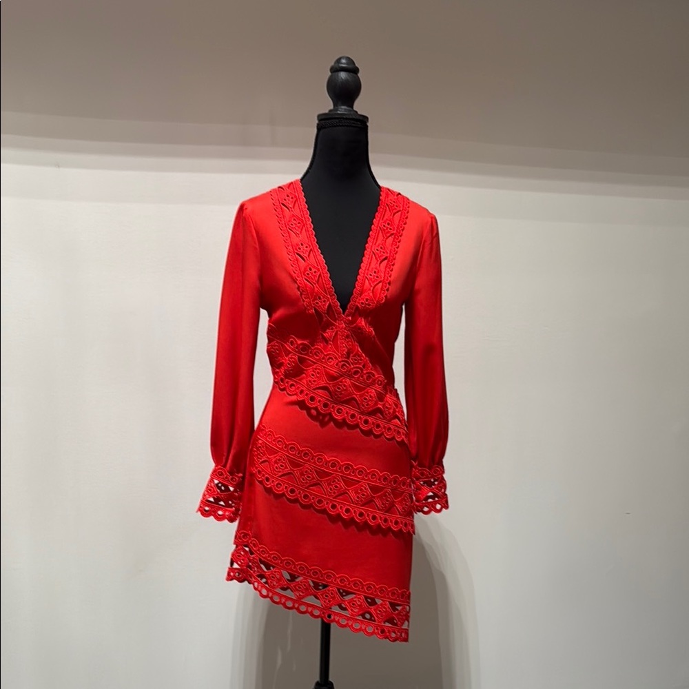 Missguided Red Lace Detail Long Sleeve Dress